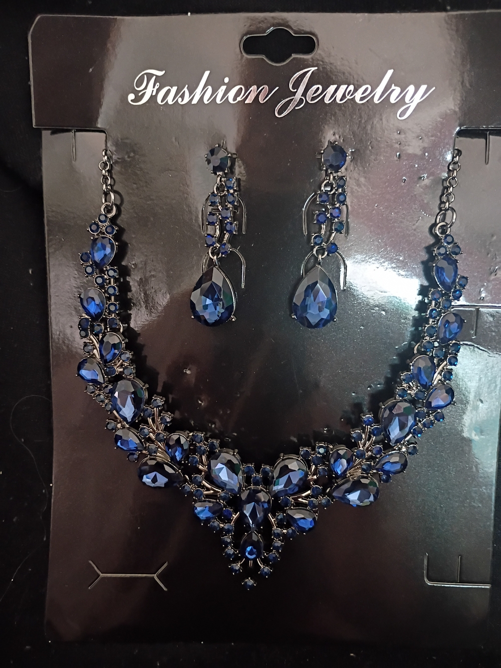 Fashion Jewelry Deep Blue Crystal Statement Necklace with Drop Earrings